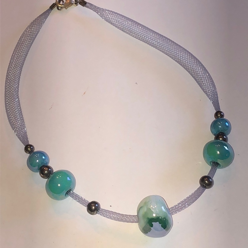 Elegant Teal Blue Beaded Wire Mesh Chain Boho Necklace
